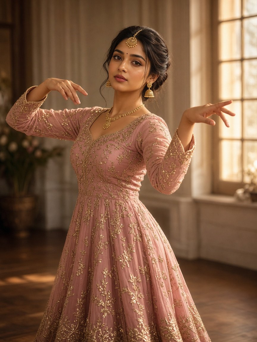 A model in a pink anarkali striking a classical dance pose