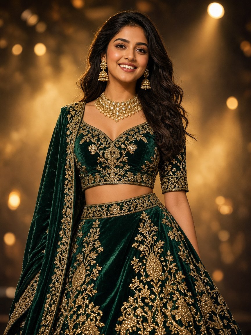 A model in an emerald velvet lehenga smiling on stage under golden lights