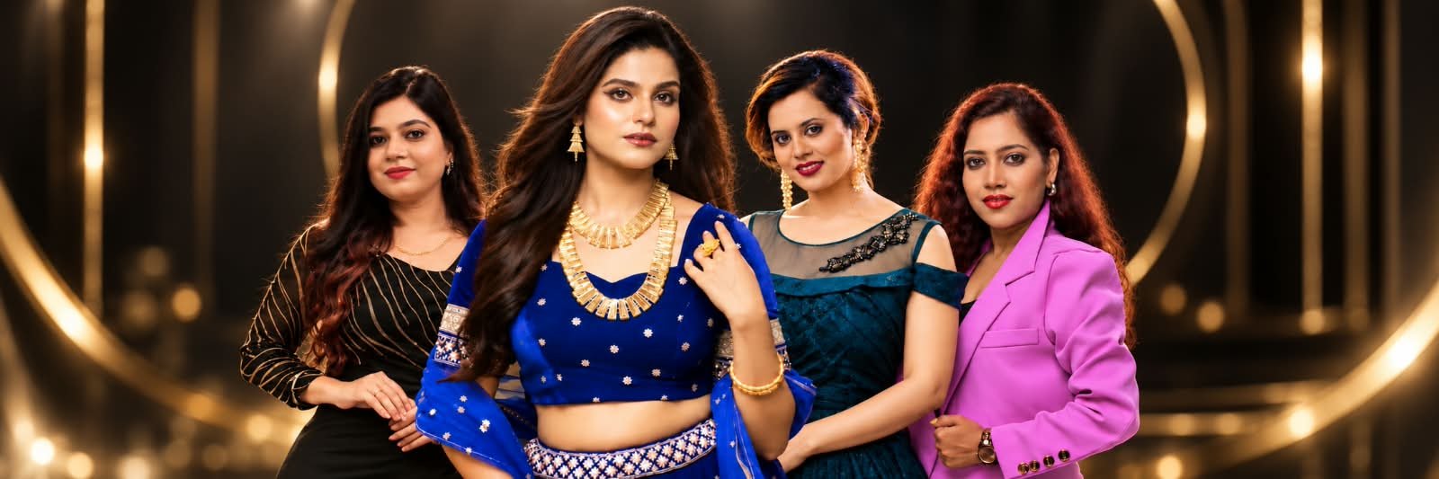 Four Nurturing Nest models in festive and formal outfits posing on a gold-lit stage