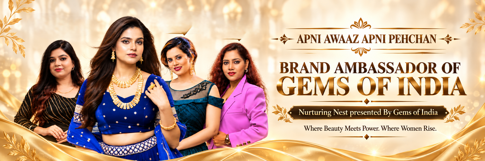 Nurturing Nest models in festive outfits on the Gems of India banner