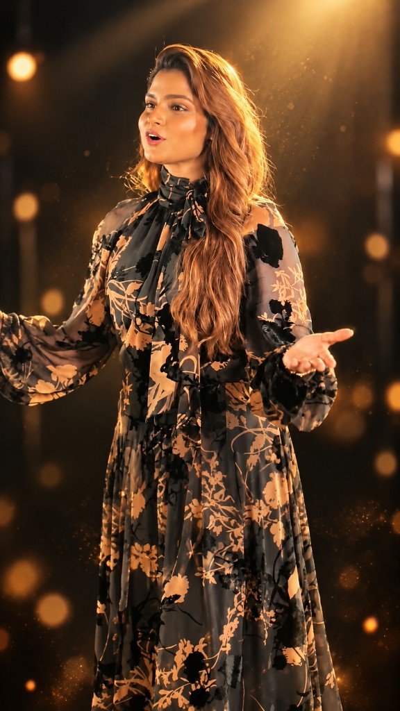 A woman in a flowing floral dress speaking on stage under golden lights